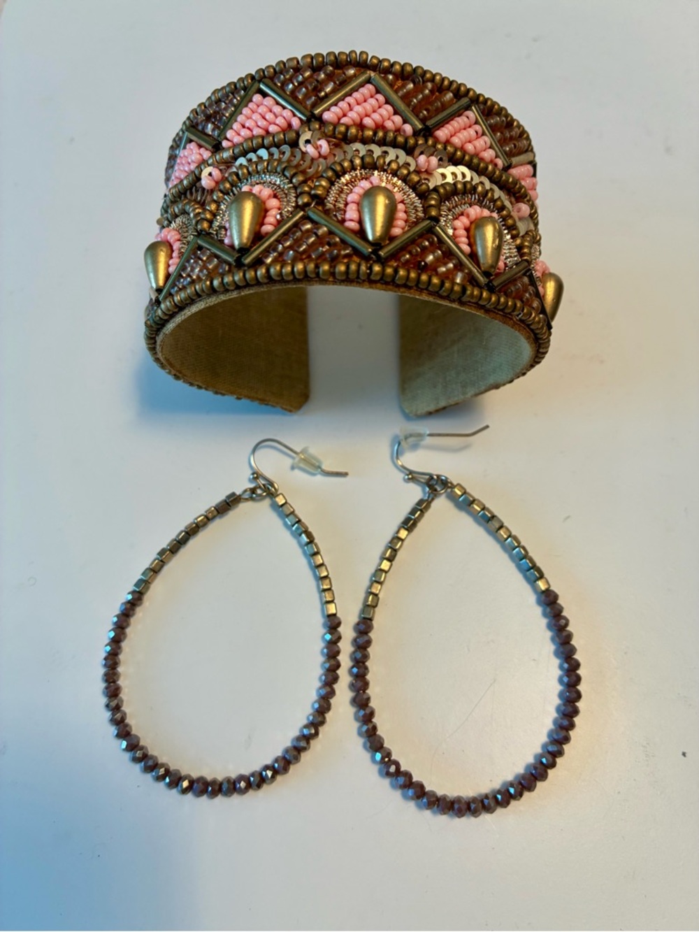 Coral and Bronze Beaded Cuff with matching Bead Teardrop Earrings